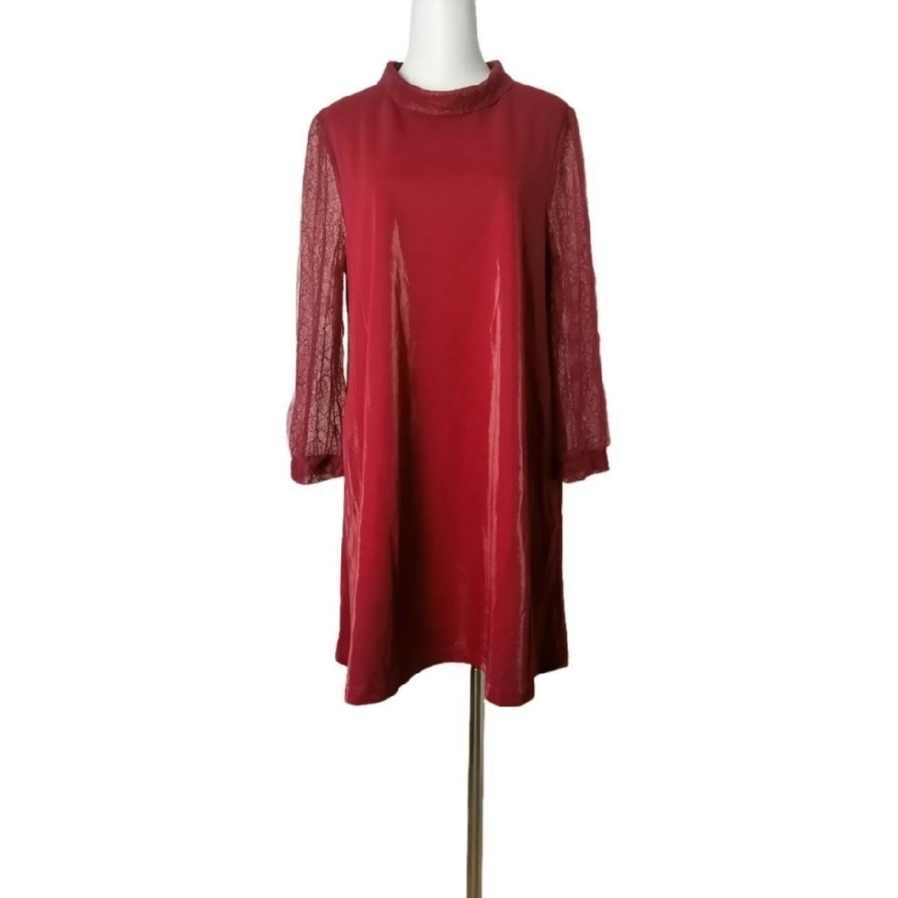 💗XXL, Elegant Maroon Lace Sleeve Loose Dress